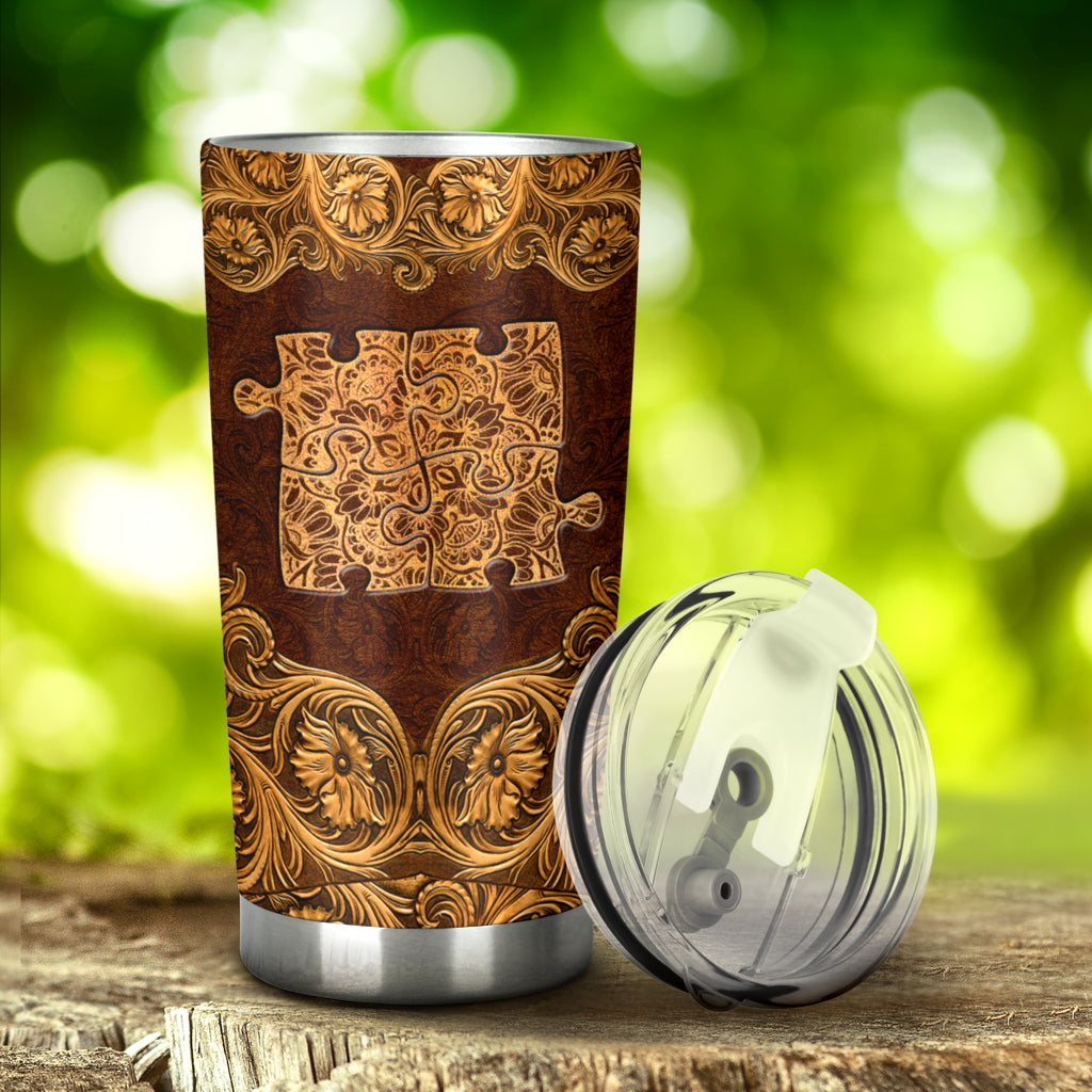 Autism Leather Pattern Print Autism Awareness Tumbler 0622
