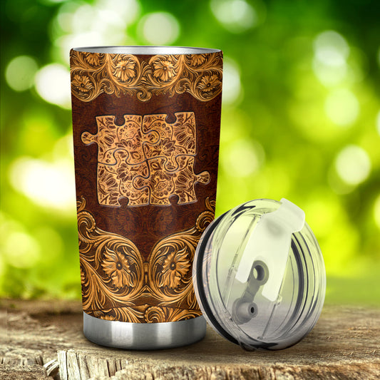 Autism Leather Pattern Print Autism Awareness Tumbler 0622