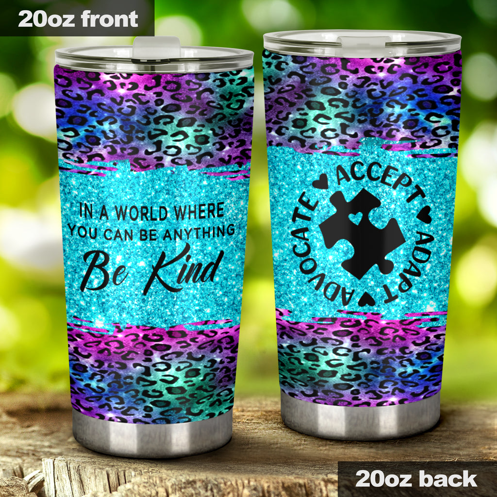Be Kind Faux Glitter Print Autism Awareness Tumbler 0622