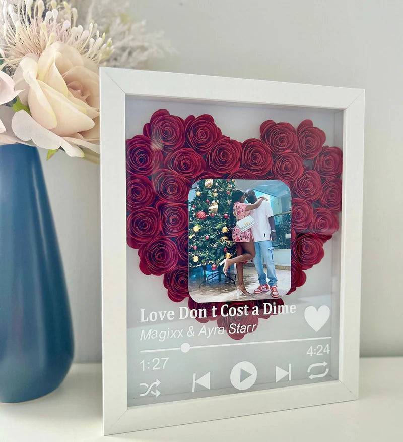 Love in Bloom - Personalized Heart-Shaped Flower Shadow Box with Photo - Ideal for Valentine's Day & Anniversaries