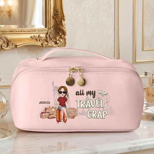 Personalized Leather Makeup Bag for Travel Lovers – Custom Cartoon Girl Design, Spacious Organizer, Unique Trendy Gift