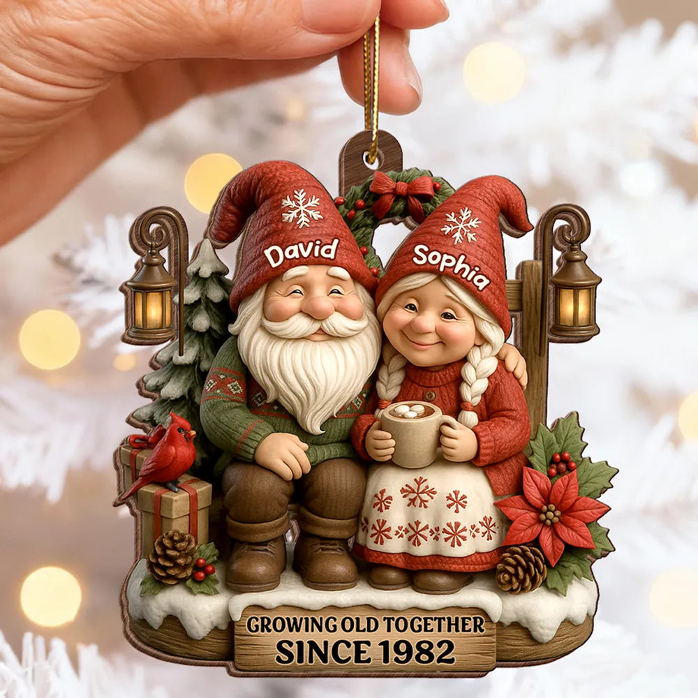 Personalized Wooden Ornament for Couples Growing Old Together – Cute Gnome Design, Christmas Tree Decoration, Unique Romantic Gift