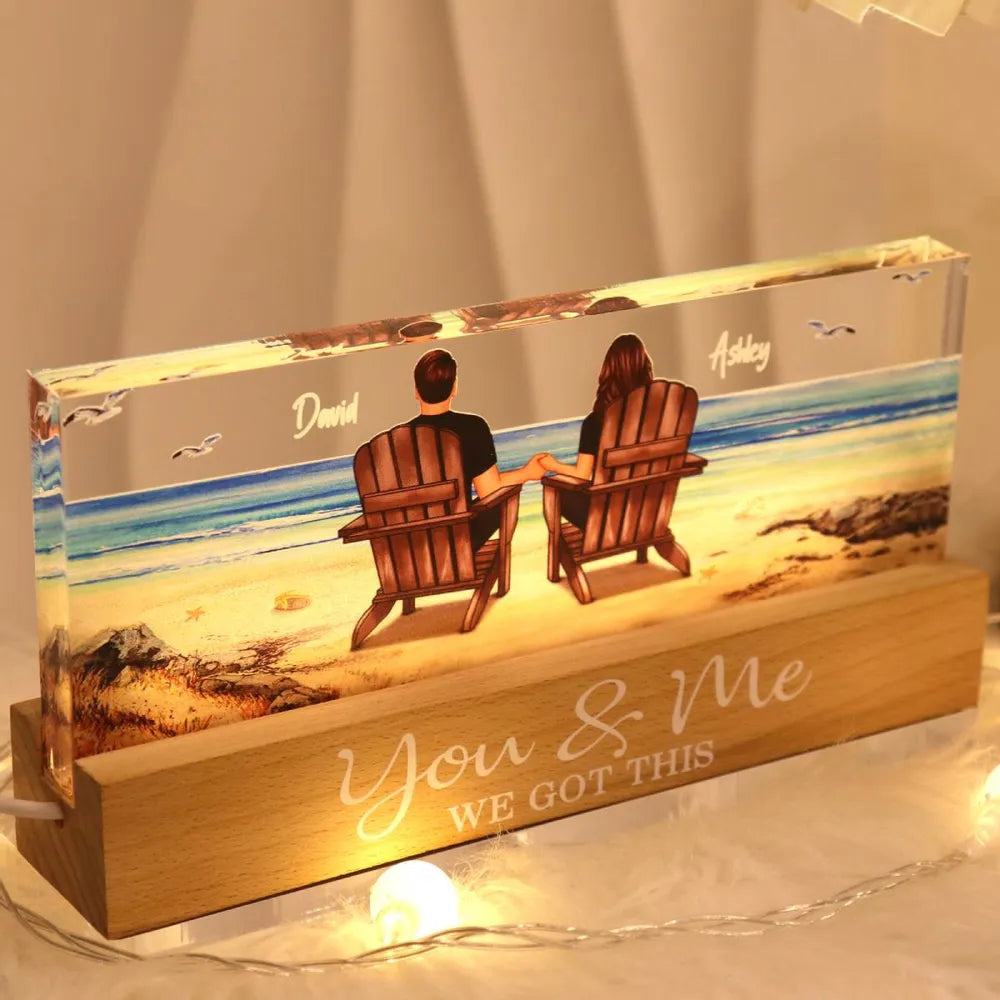Block LED Light Plaque with Beach Couple Design, Romantic Ambience, Perfect Gift for Couples