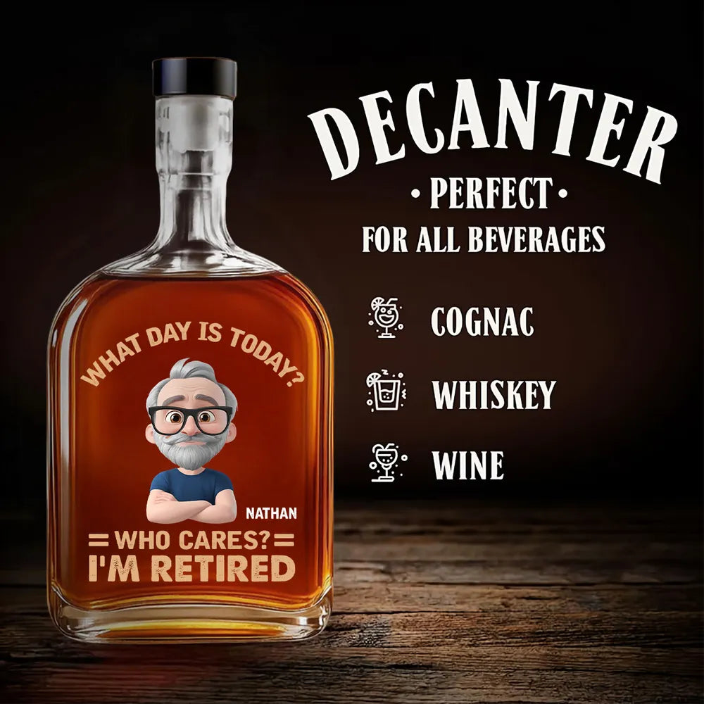 “Who Cares? I’m Retired” – Personalized Glass Spirits Decanter for Dad & Husband