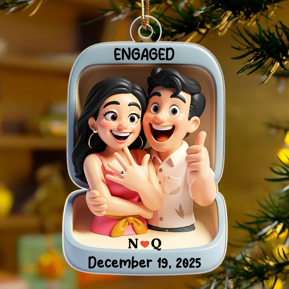 Acrylic Ornament With Engaged Couple Illustration Personalized Holiday Keepsake A Sweet Unique Gift For Couples