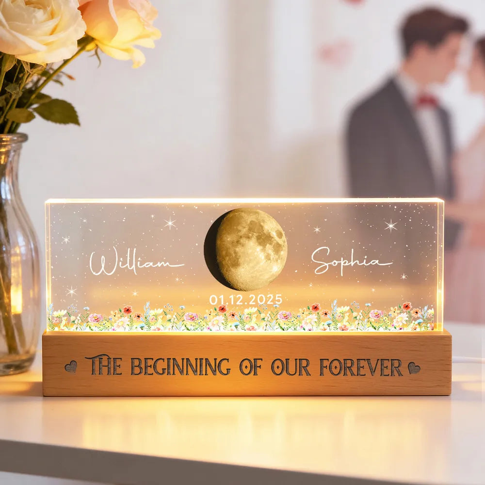 Personalized Moon Phase Block LED Light Plaque With Floral Stars, Romantic Bedside Decor, Unique Couple Gift