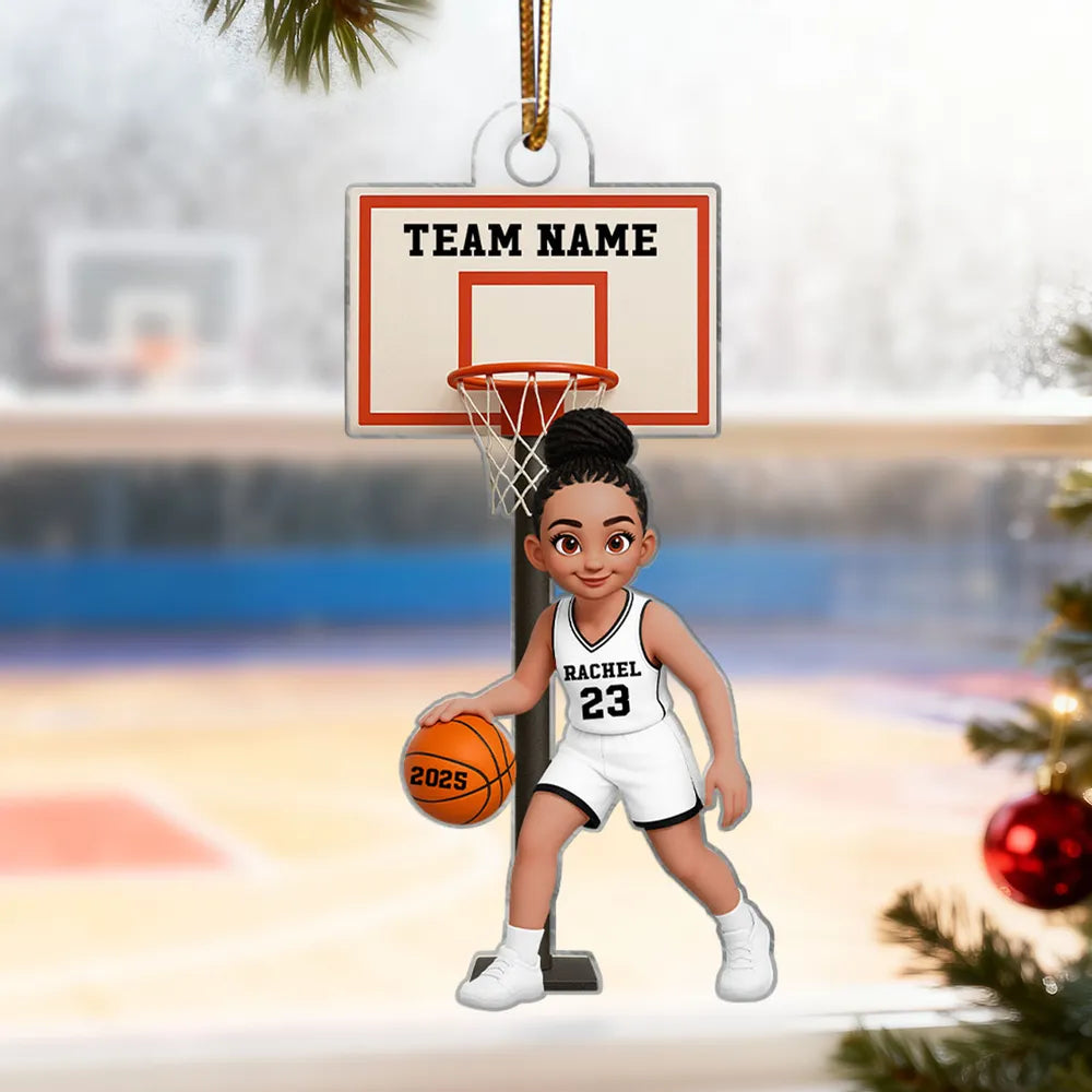 Acrylic Ornament, Cute Basketball Girl Dribbling on Indoor Court, Personalized, Creative Gift for Daughter, Player, or Coach