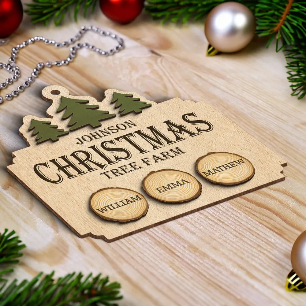 Christmas Tree Farm Family Wood Slice Personalized 2-Layer Wooden Ornament - Custom Family Name Christmas Gift