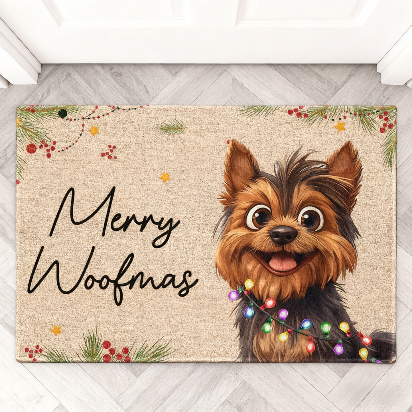 Yorkie Christmas Doormat | Cheerful Holiday Lights Design, Gift-Ready Mat for Pet Families