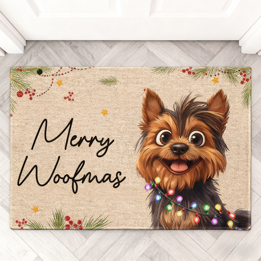Yorkie Christmas Doormat | Cheerful Holiday Lights Design, Gift-Ready Mat for Pet Families