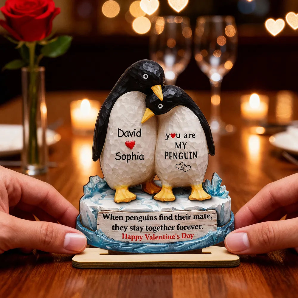 Personalized 2-Layer Wooden Plaque Penguin Couple Hugging for Valentine's Day, a Unique Romantic Gift for Him or Her