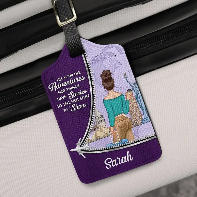 Personalized Leather Luggage Tag Adventure Quote Travel Gift for Her - Unique Creative Gift for Travelers