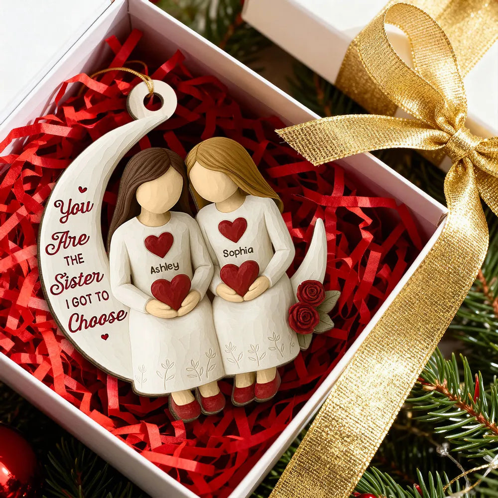 Wooden Ornament, Chosen Sister Friendship Design for Christmas Tree, crescent moon hearts, a unique gift for Best Friend
