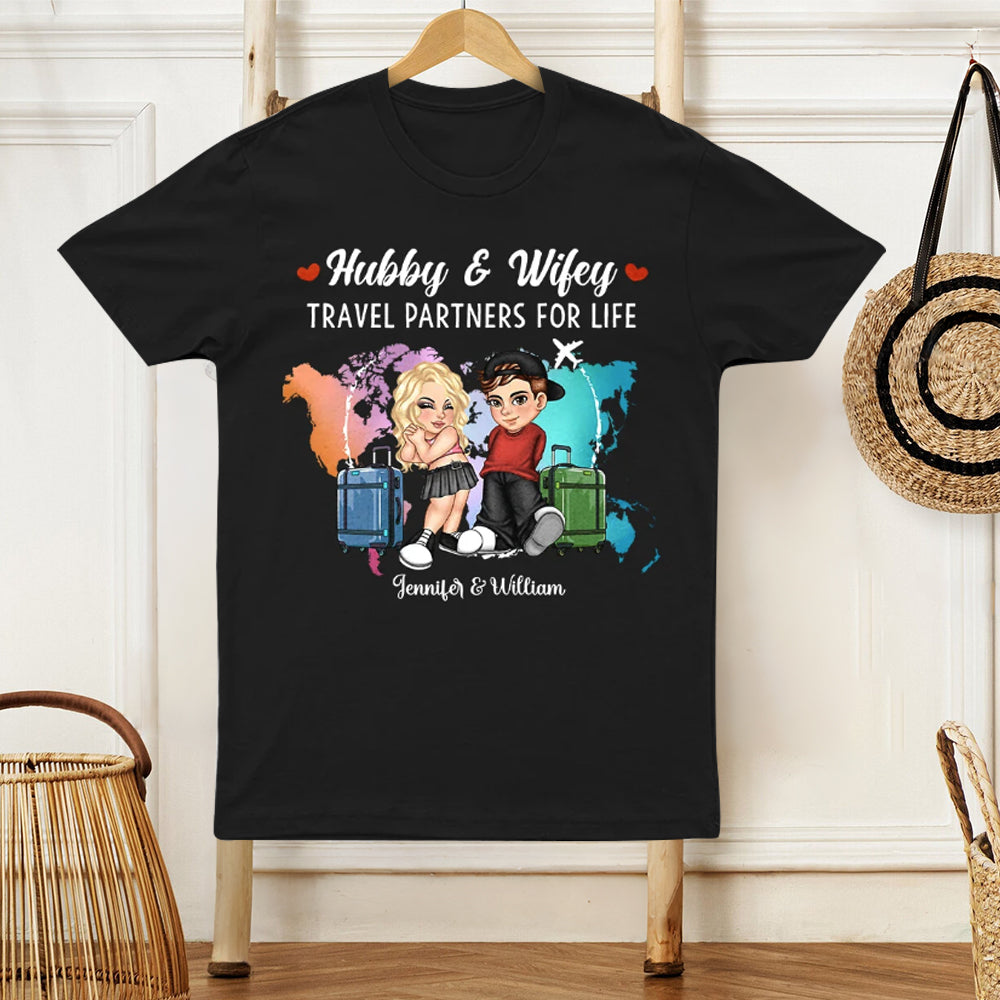 Hubby & Wifey Travel Theme T-Shirt – Personalized Couple Clothing