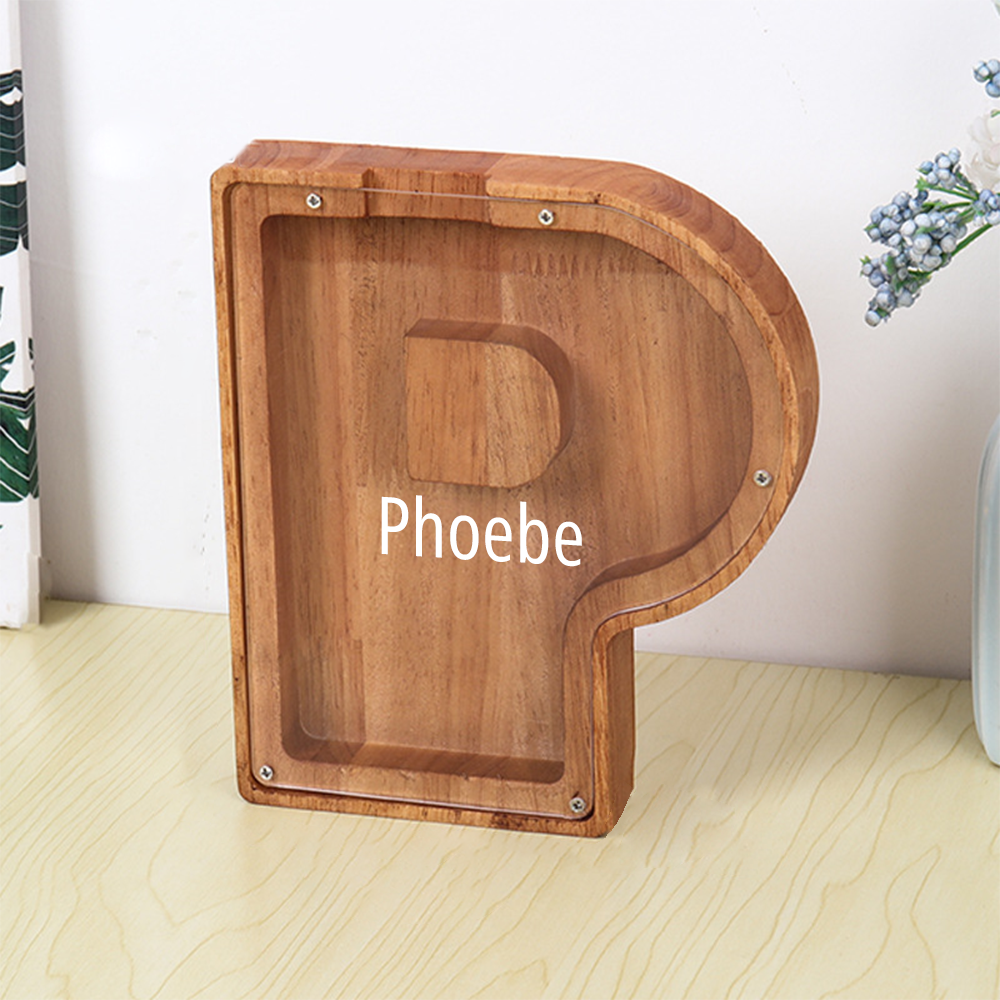Custom Initial And Name - Personalized Letter And Name Brown Wooden Piggy Bank