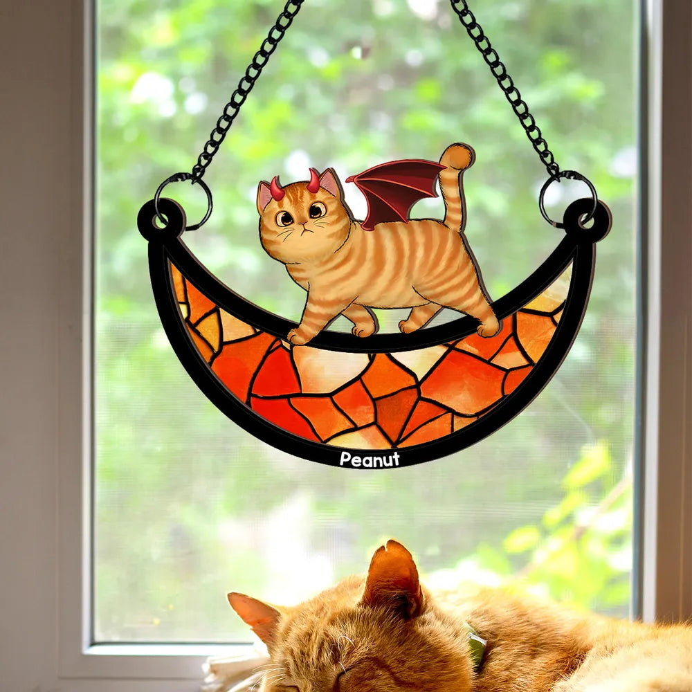 Wood and Acrylic Layered Ornament – Charming Cat with Cape & Hat, Chain-Hanging Moon Keepsake for Cat Lovers