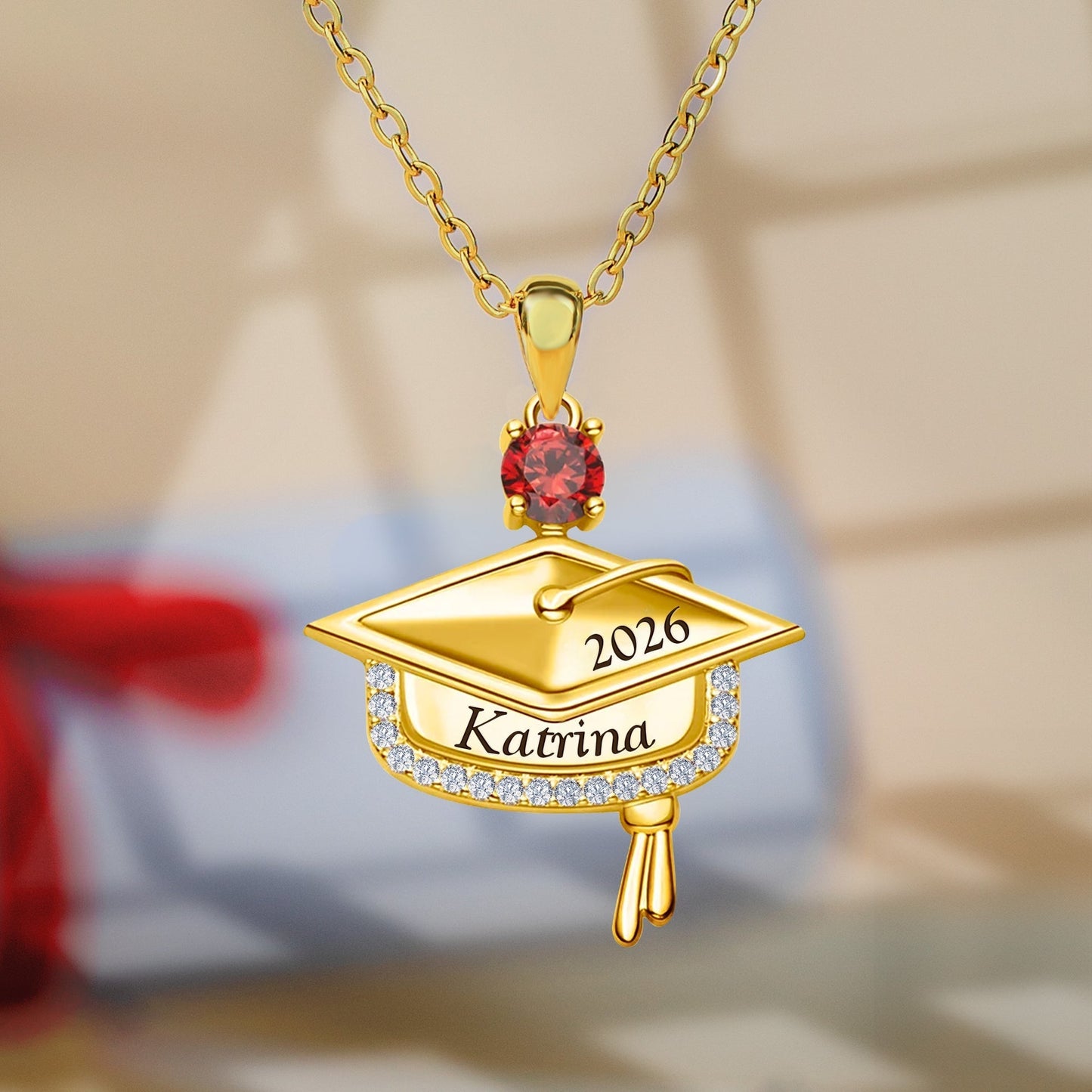 Graduation Cap Pendant Necklace, Personalized Name Charm With Birthstone - Meaningful Gift For Grads