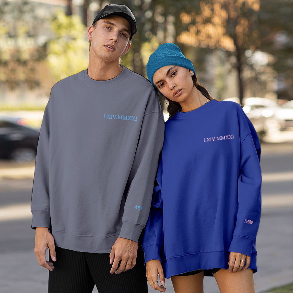 Custom Engraved Embroidery Round Neck Roman Numeral Date - Personalized Couple Sweatshirt