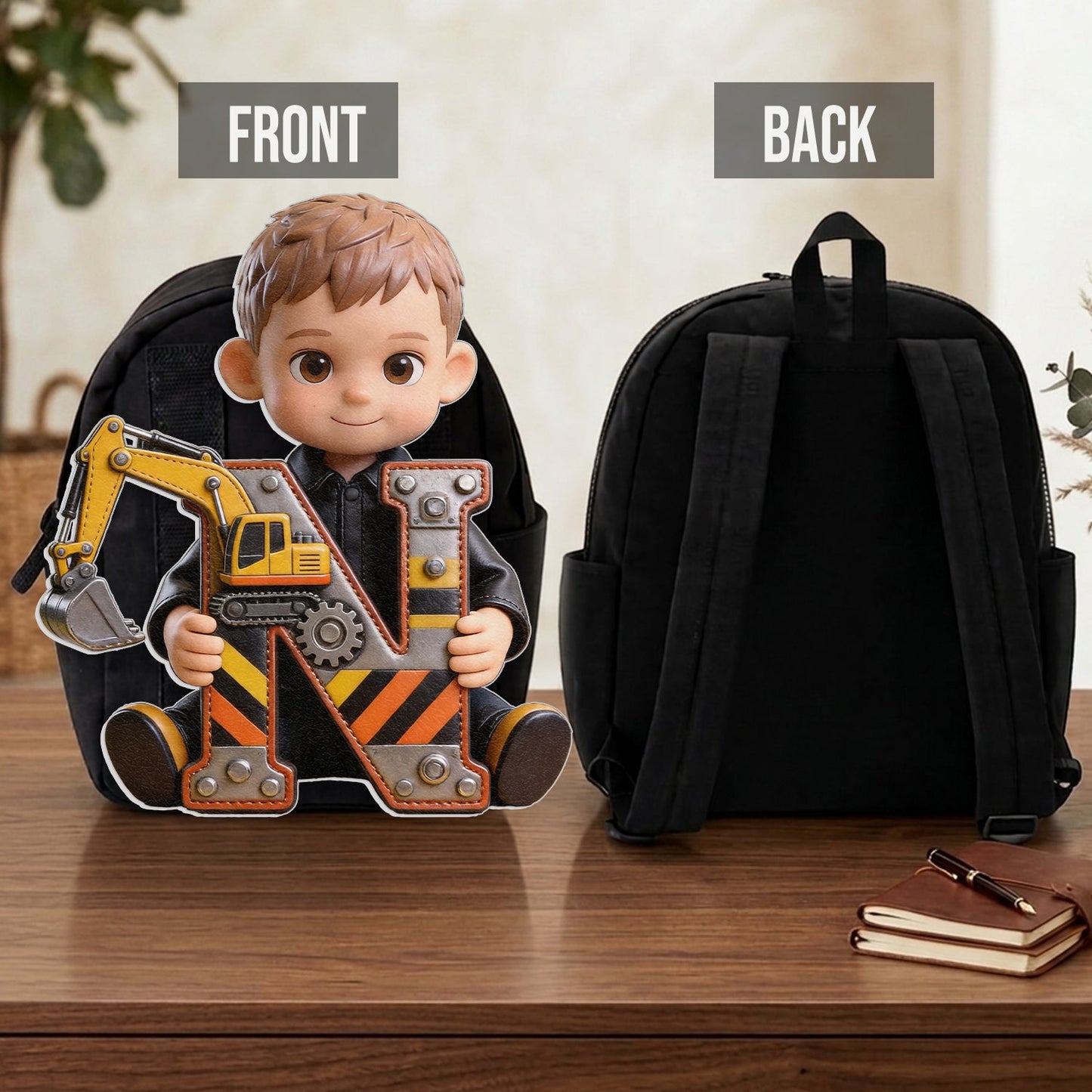 Alphabet Letter Construction Theme - Personalized Kid Changeable Leather Patch Backpack