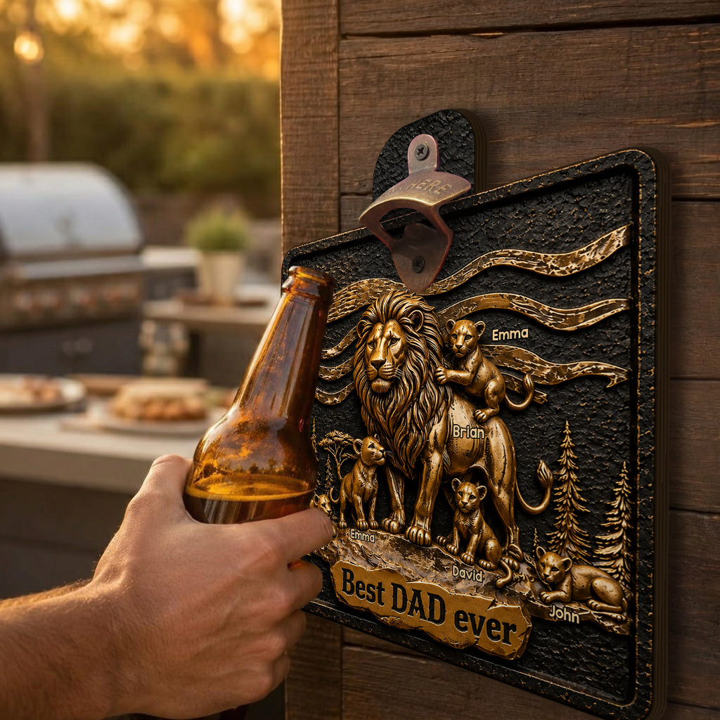 Lion Dad And Kids - Personalized Father Wall Bottle Opener