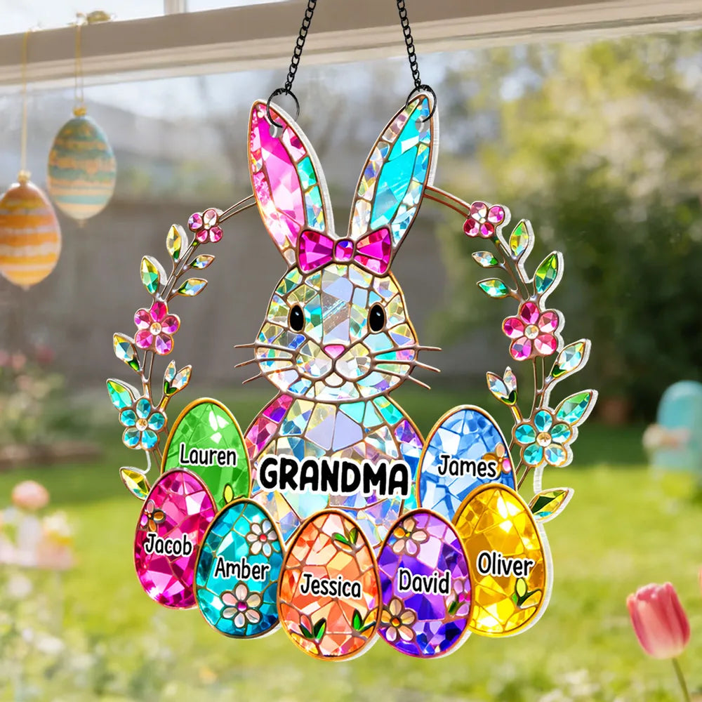 Acrylic Suncatcher Ornament Rainbow Bunny with Floral Wreath for Grandma Sunny Window Decor Unique Gift