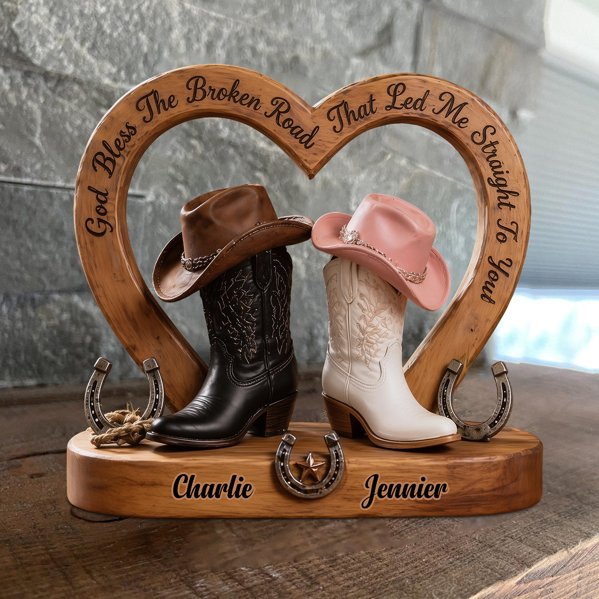 Cowboy & Cowgirl Couple, Western House Decoration, God Bless The Broken Road - Personalized Western Outfit Custom Shaped Wood Plaque