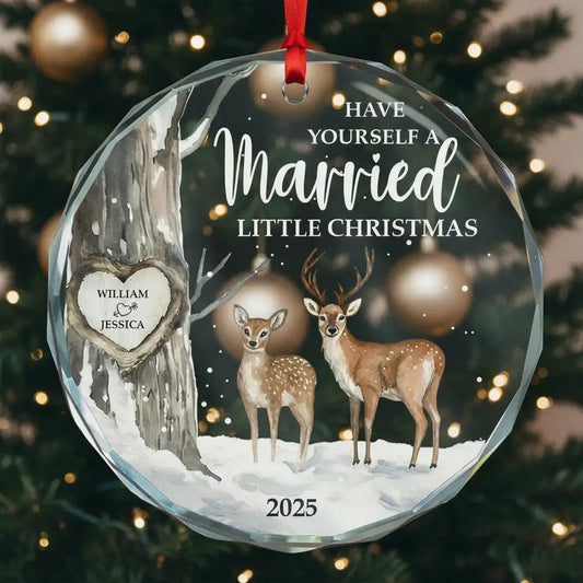 Crystal Ornament with Deer in Snowy Forest, Married Christmas Theme, Heartfelt Holiday Decoration, Perfect Gift for Couples