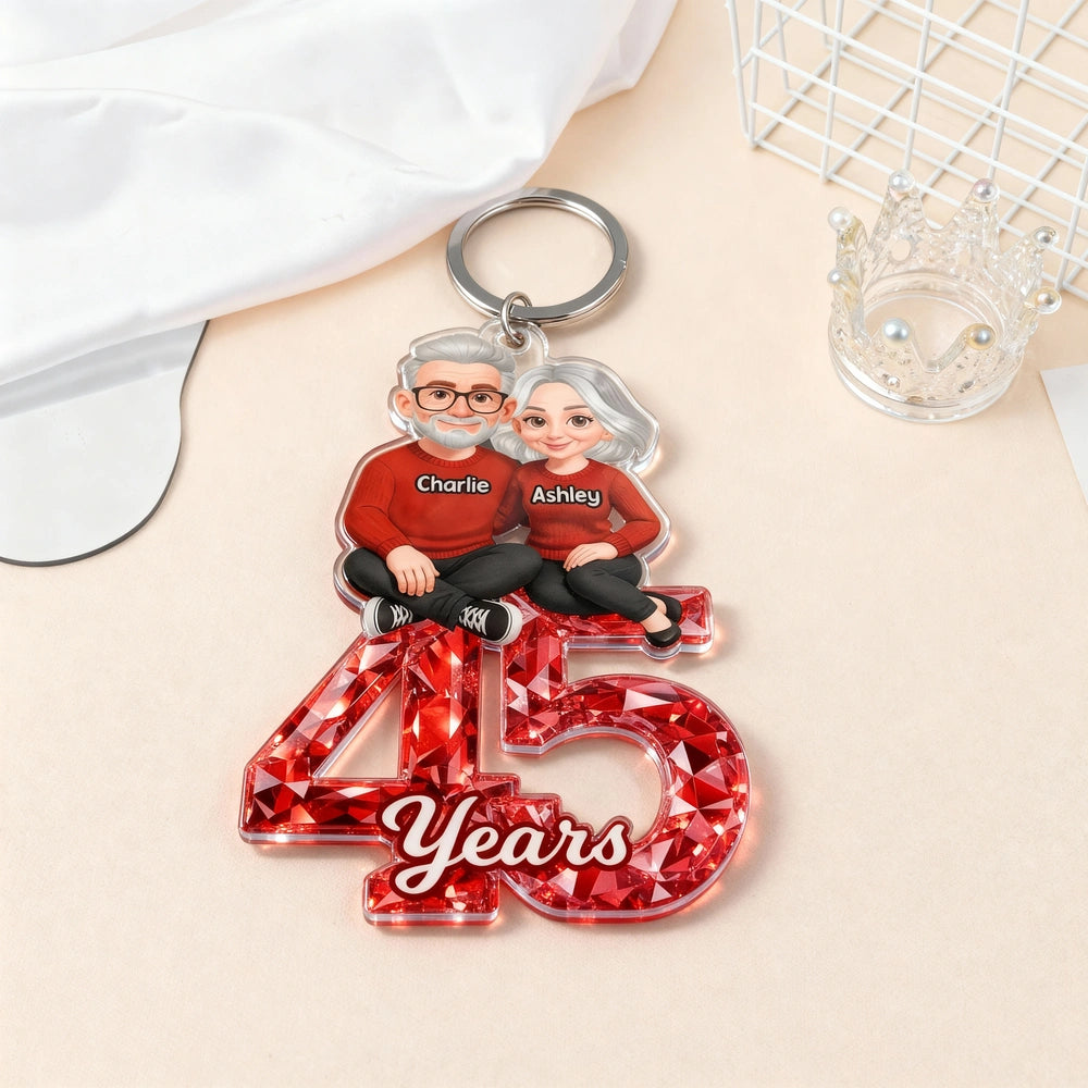 Personalized Anniversary Acrylic Keychain With Couple Illustration Red Gem Look A Unique Gift For Husband Or Wife