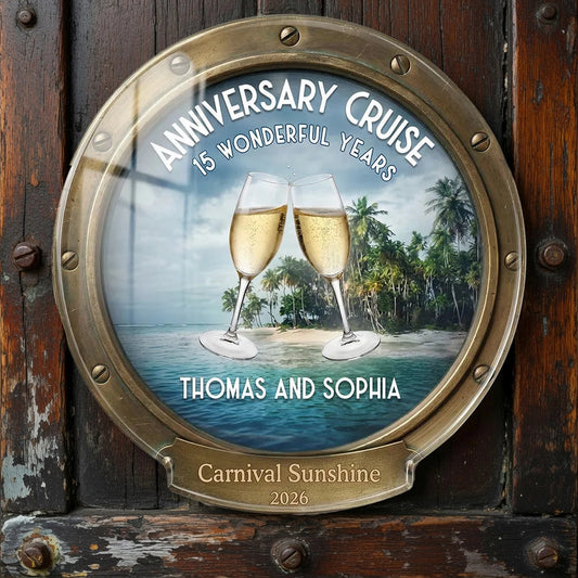 Personalized Anniversary Cruise Acrylic Magnet, Champagne Toast Beach Scene, Unique Couple Gift for Cabin Door