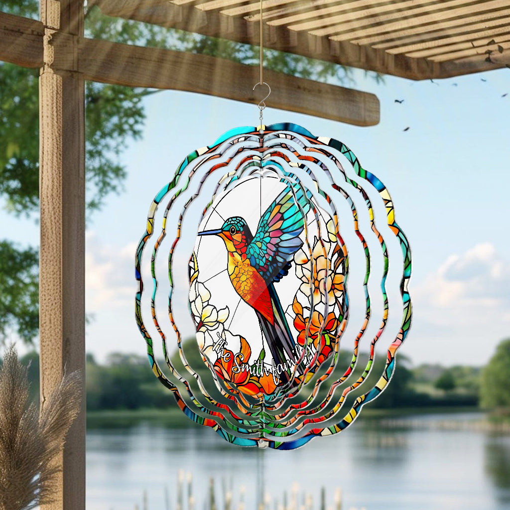 Beautiful Hummingbird Surrounded by Flowers - Personalized Hummingbird Wind Spinner