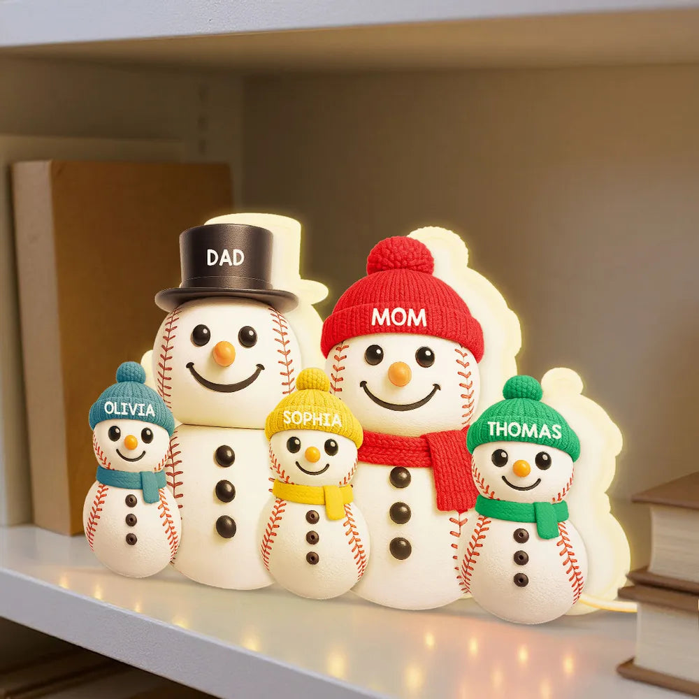 Baseball Snowman Family Acrylic Light Box, Personalized Design, Christmas Decor, Warm Glow, Unique Gift for Family