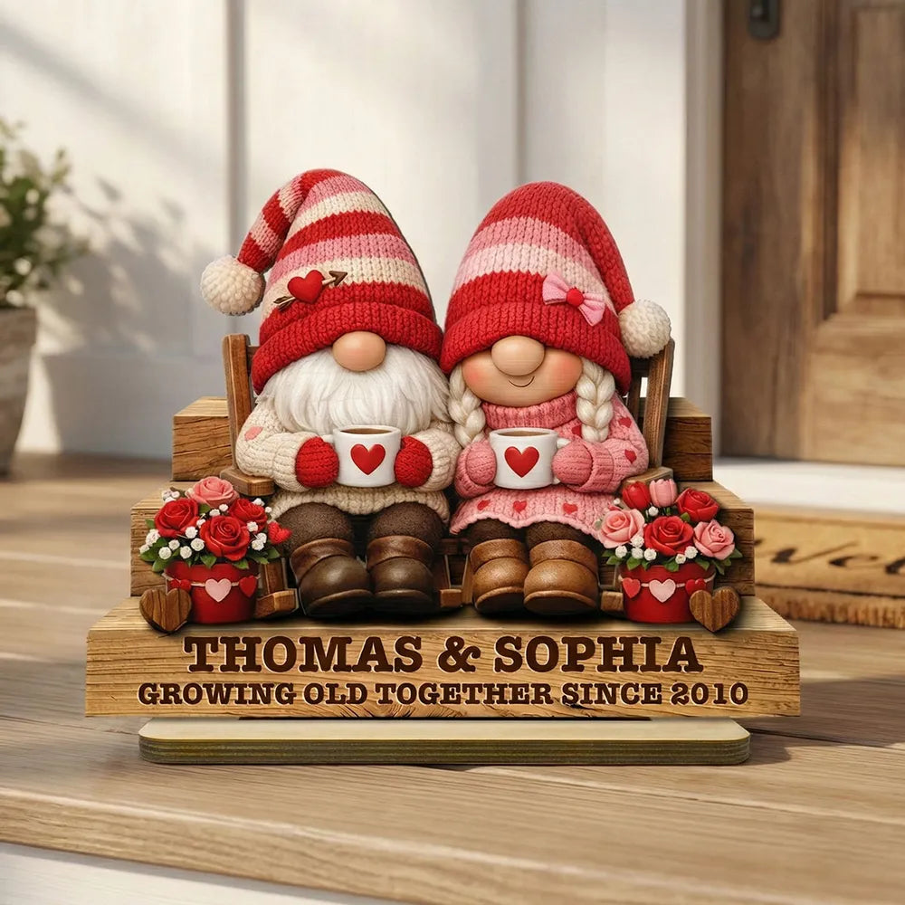 Personalized 2-Layer Wooden Plaque Gnome Couple on Bench with Heart Mugs, Cozy Home Decor, Unique Gift for Couple