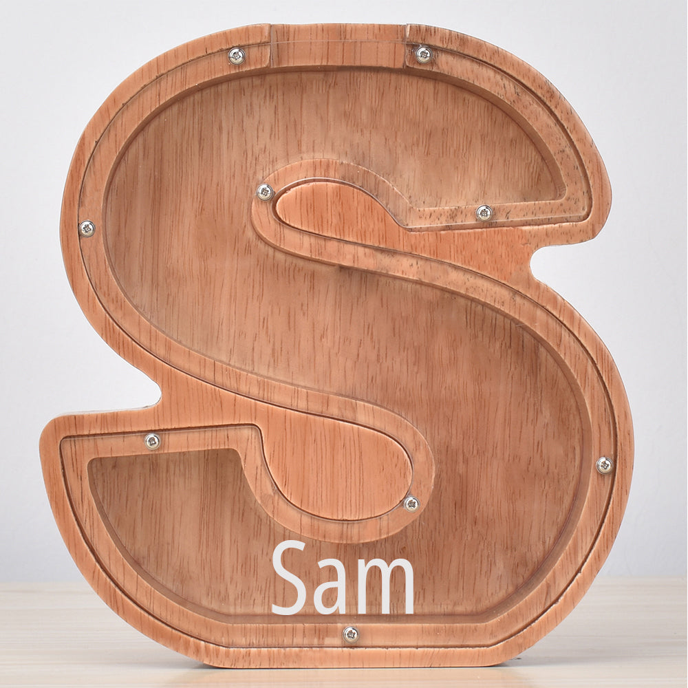 Custom Initial And Name - Personalized Letter And Name Oak Wooden Piggy Bank
