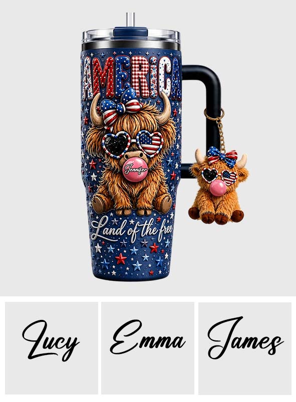 Land Of The Free - Personalized Highland Cow Tumbler With Plush Charm