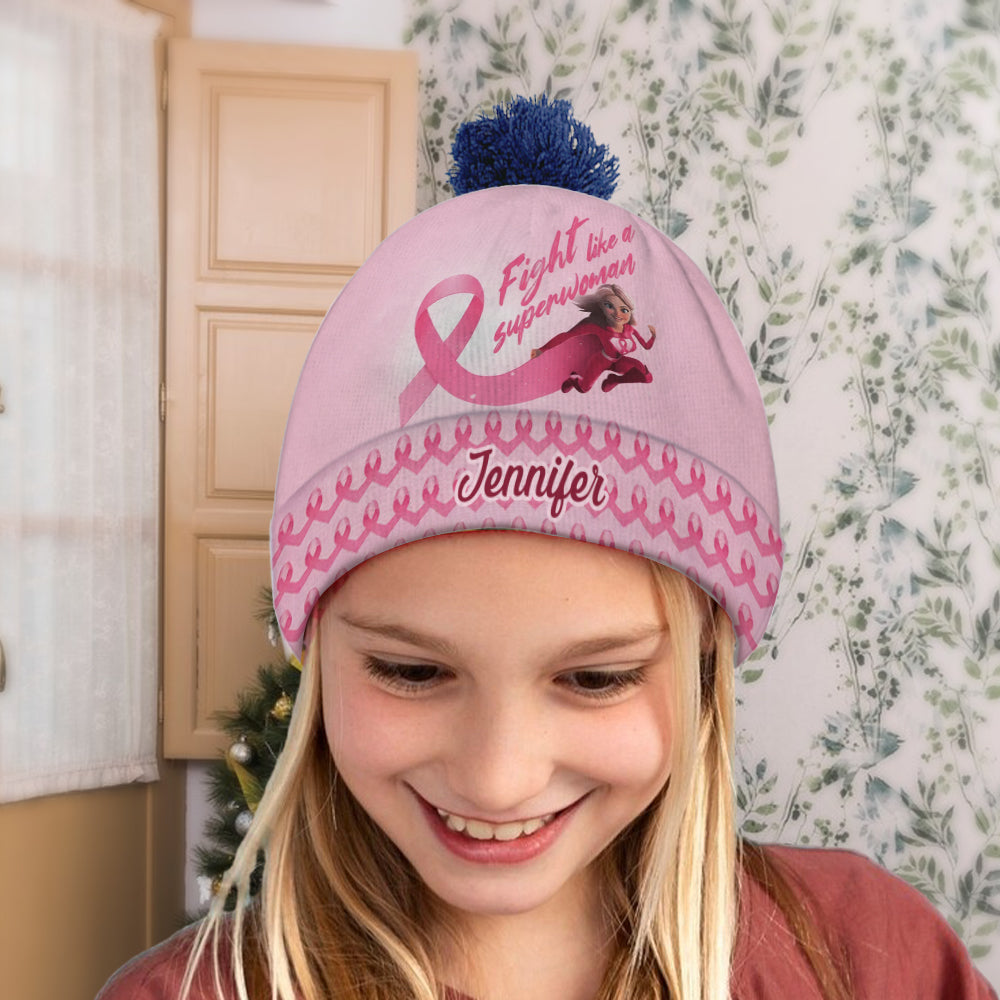 Fight Like a Superwoman, Breast Cancer Awareness - Personalized Breast Cancer Awareness Beanie Hat