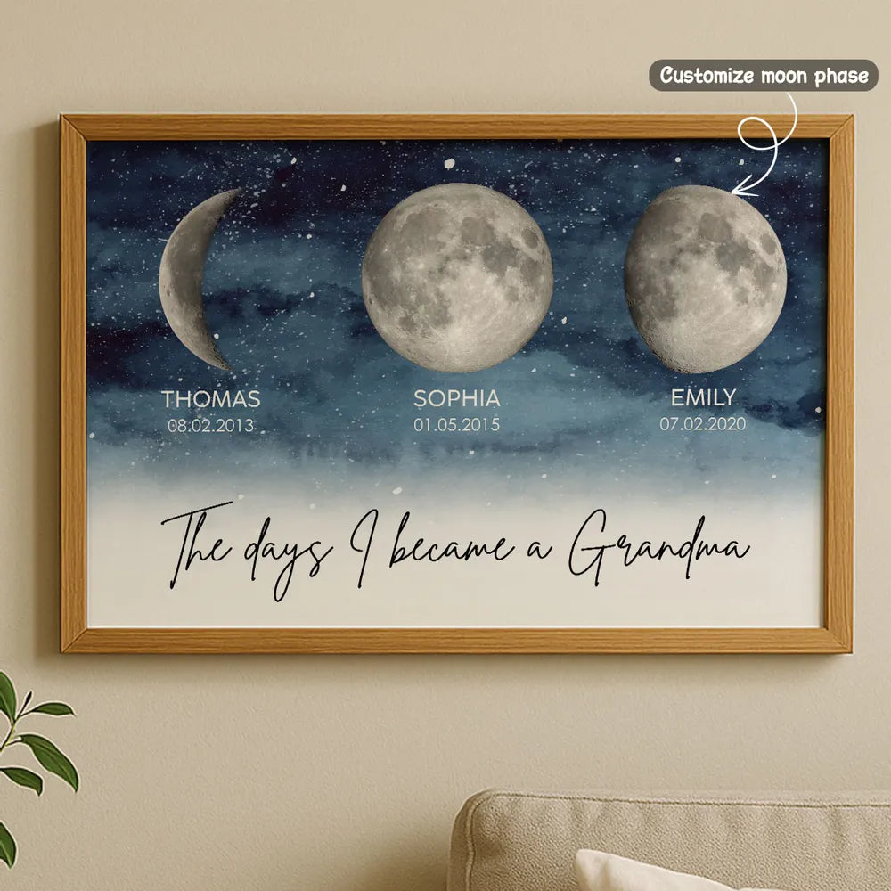 Personalized Moon Phase Starry Sky Poster, The Day I Became a Grandma Wall Art, Unique Gift for Grandma