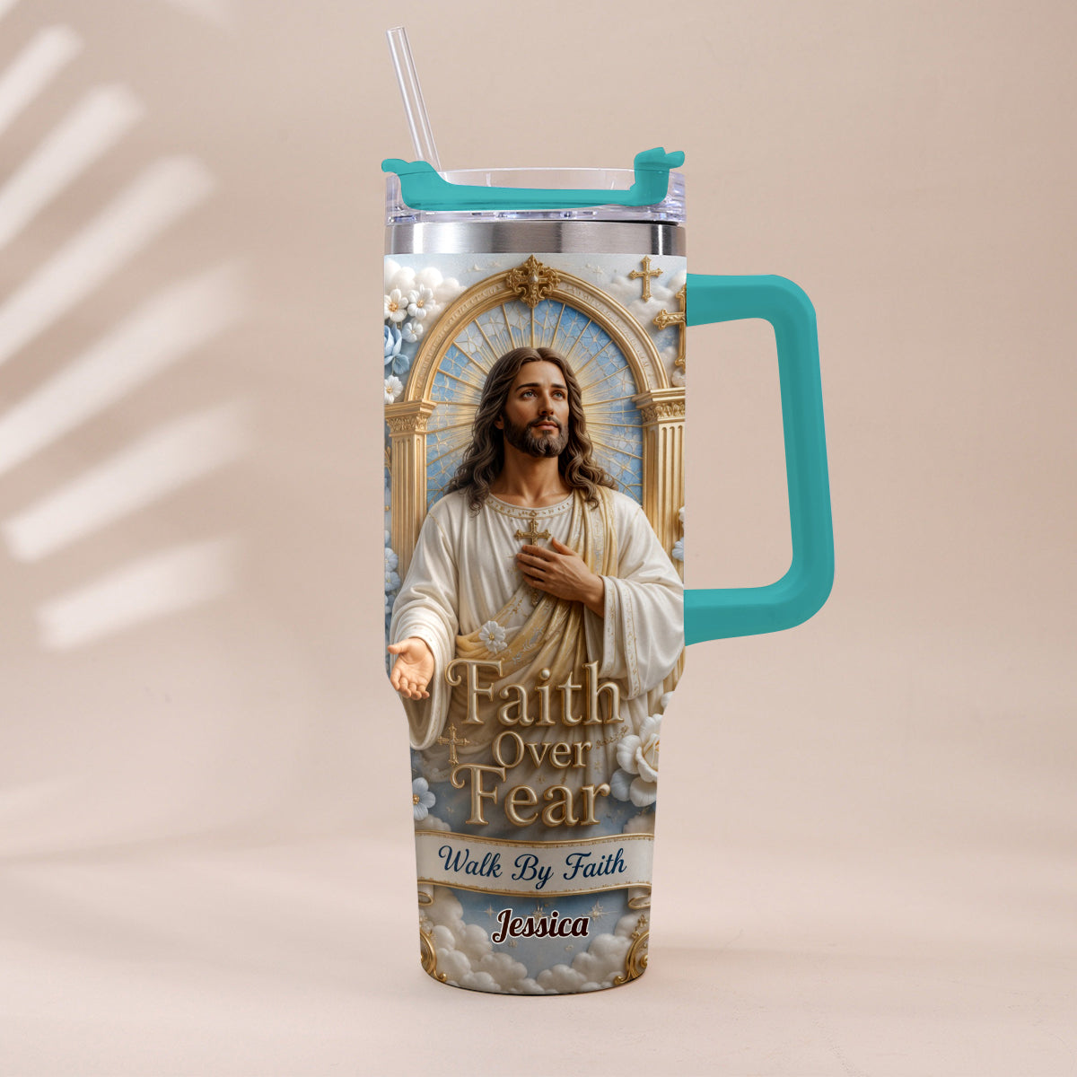 Faith Over Fear - Personalized Christian Tumbler With Plush Charm