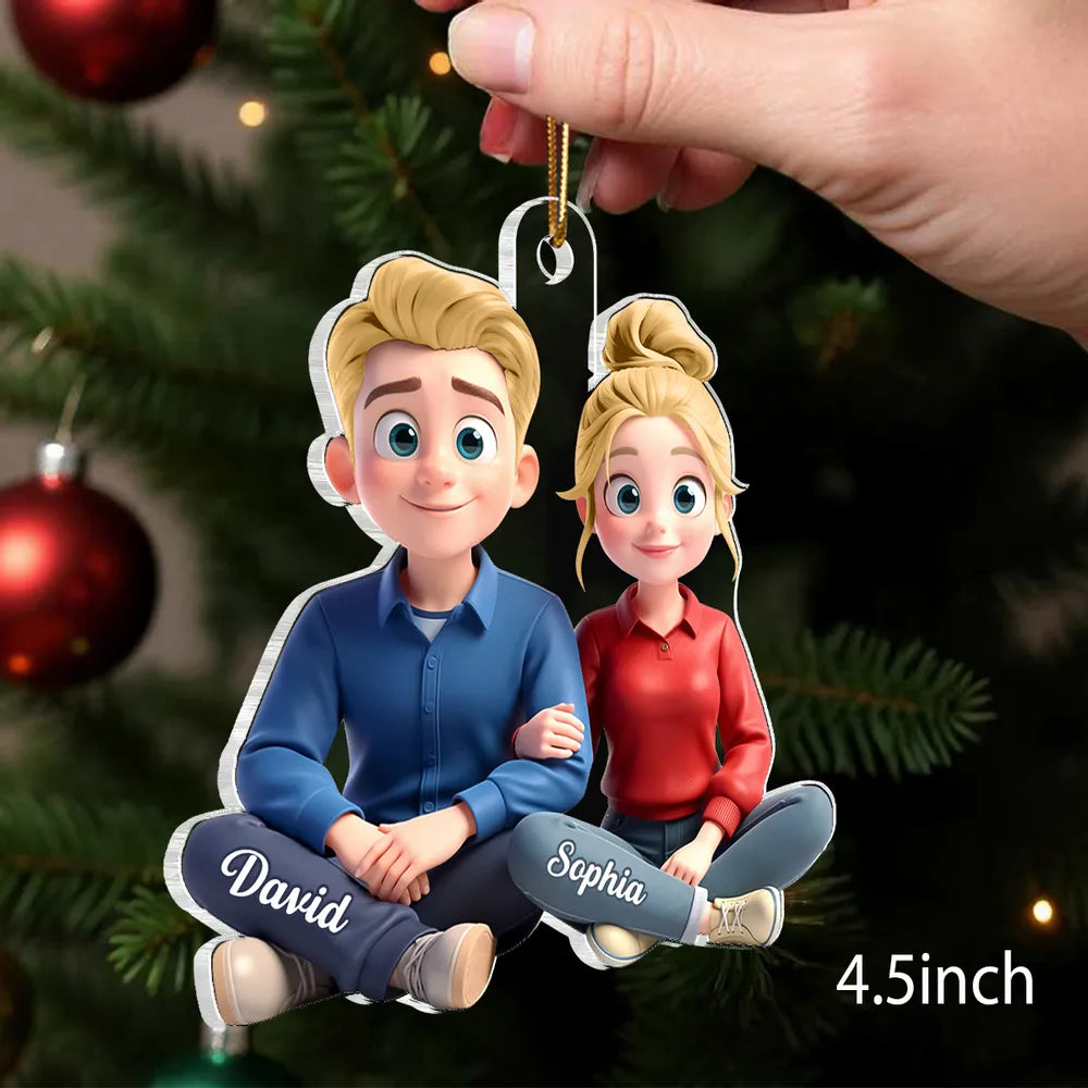 Personalized Acrylic Ornament Cartoon Couple Sitting Together, Cute Unique Gift for Him or Her