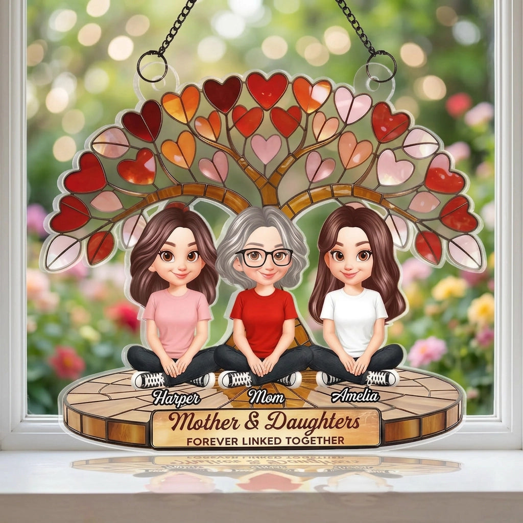 Personalized Acrylic Suncatcher Ornament Mother & Daughters Heart Tree Window Decor, Unique Gift for Mom