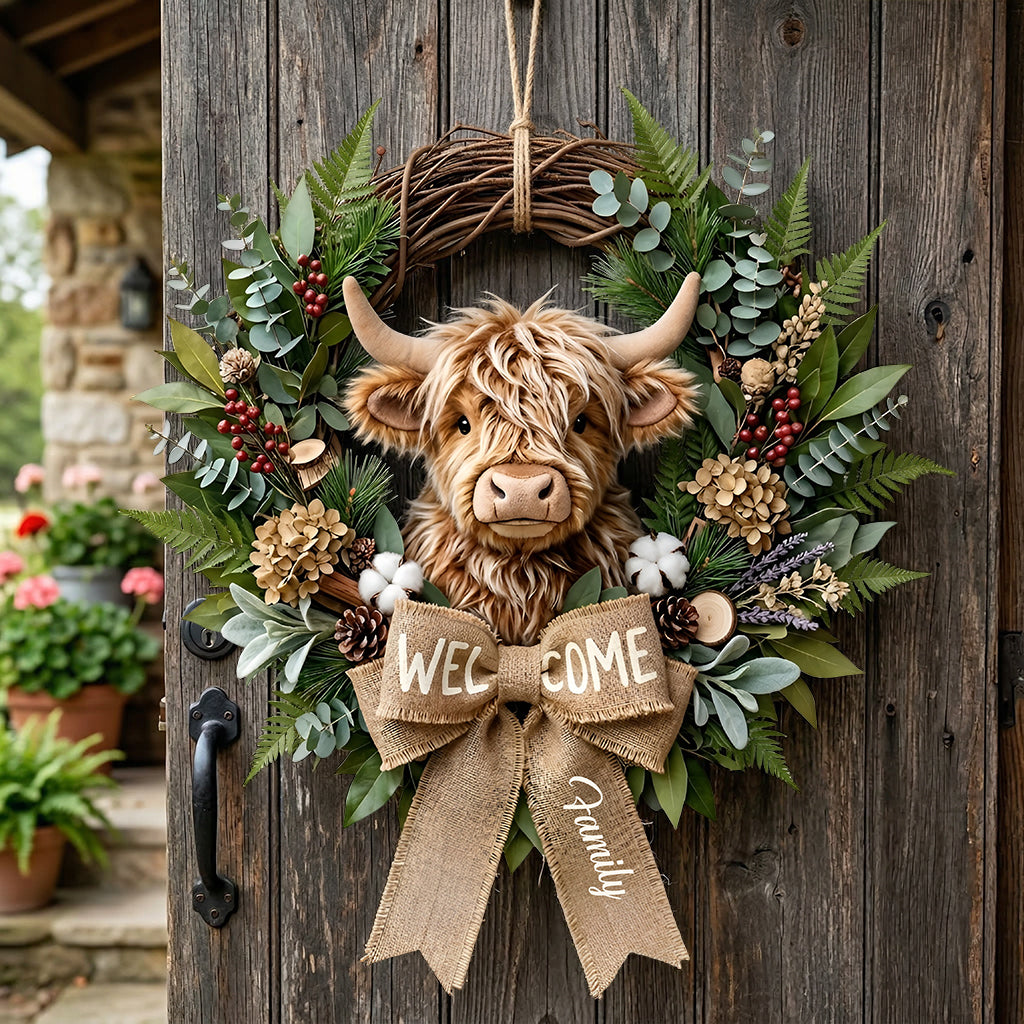 Cute Highland Cow Welcome Sign - Personalized Highland Cow Custom Shaped Wood Sign