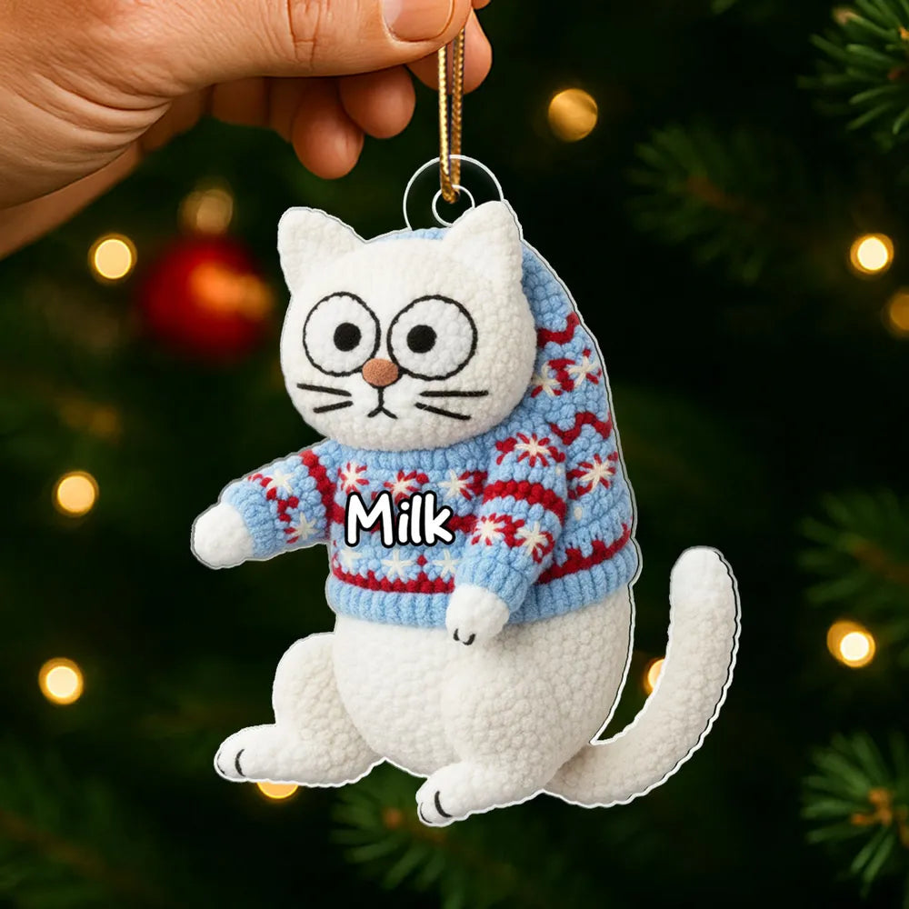 Personalized Cat Acrylic Christmas Ornament with Cozy Latch-Hook Look Sweater – Cute Holiday Gift for Cat Lovers