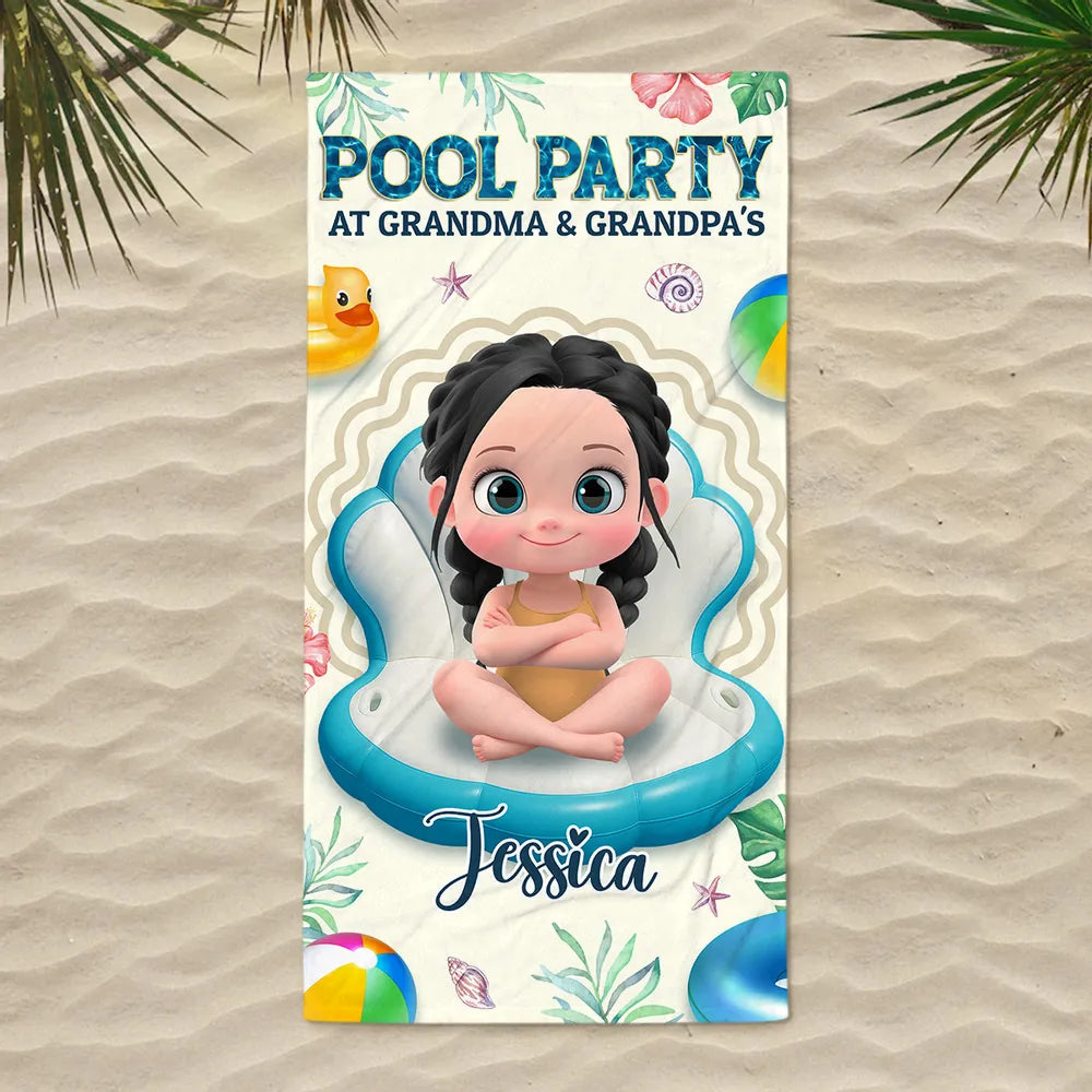 Personalized Pool Party at Grandma & Grandpa's Beach Towel, Cute Cartoon Kid Float Design, Unique Gift for Grandparents