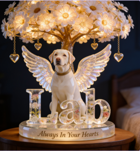 Custom Always In Our Hearts Angel Wings Figurine, Personalized Labrador Memorial Tree Lamp Statue, Dog Loss Sympathy Remembrance Night Light