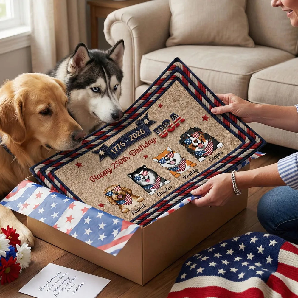 Personalized USA 250th Birthday Dog Standard Doormat for Entryway - Custom Pet Gift Idea with Patriotic Style