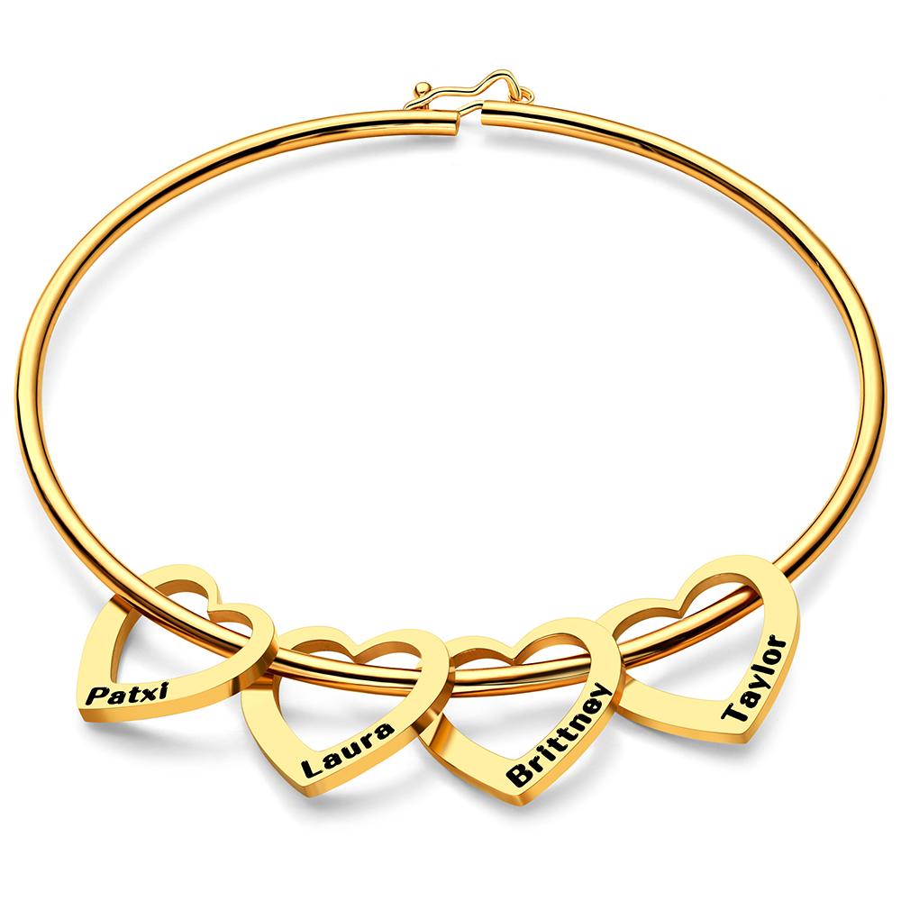 Any Name - Personalized Family Bangle Bracelet with Heart/Round Pendants