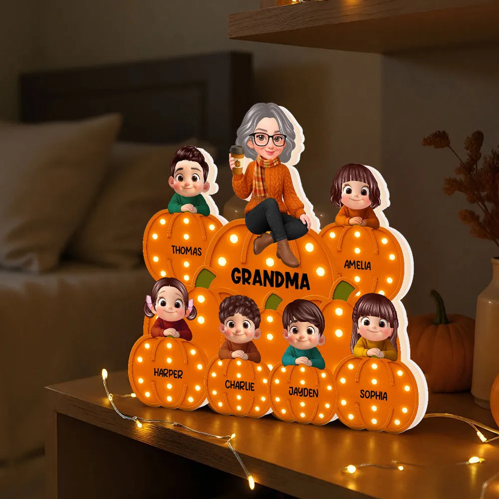 Personalized Acrylic Light Box for Grandma and Grandkids, pumpkin stack design, warm glow, fall décor keepsake, perfect gift for Halloween and Thanksgiving