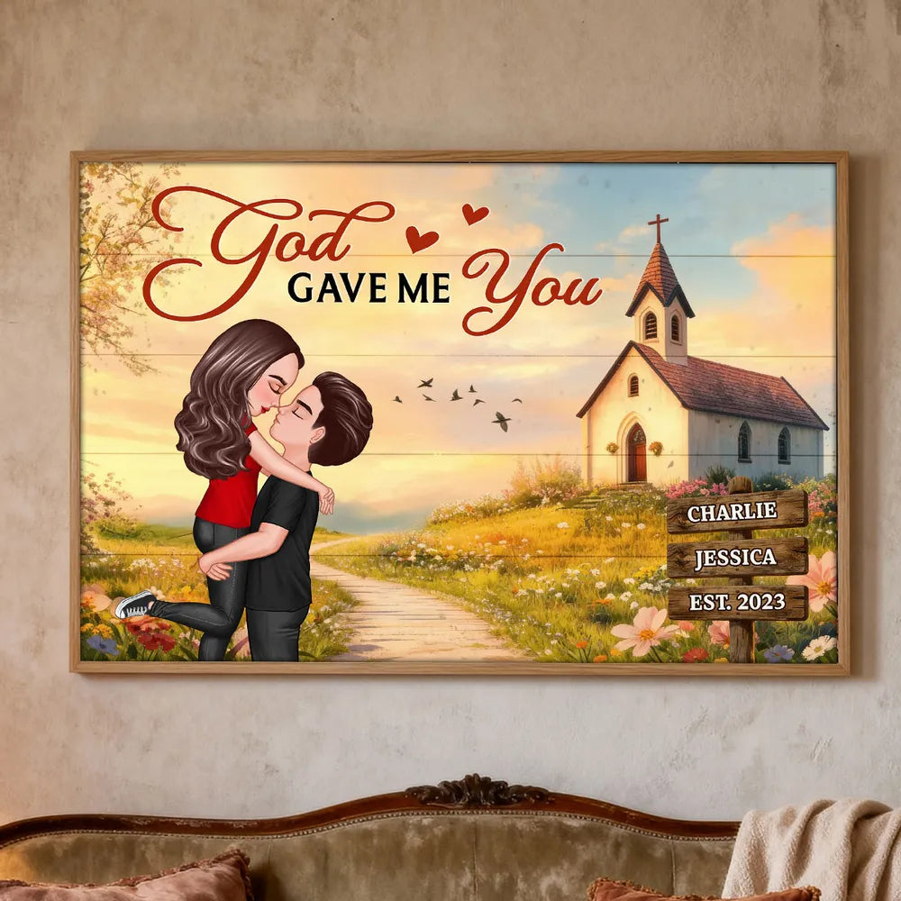 Personalized Couple Poster You & Me We Got This, Hugging Kiss by a Country Church, Romantic Wall Art Unique Gift for Husband or Wife