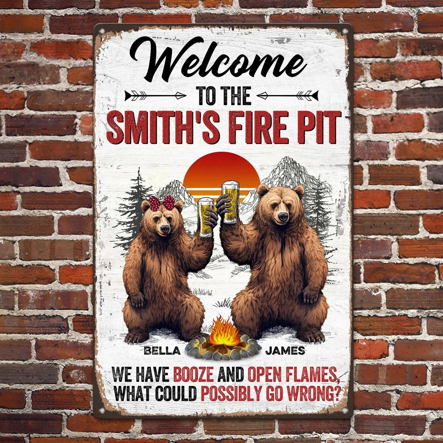 Personalized Rectangular Iron Sign for the Fire Pit - Funny Welcome Bear Toast Outdoor Decor, Unique Gift