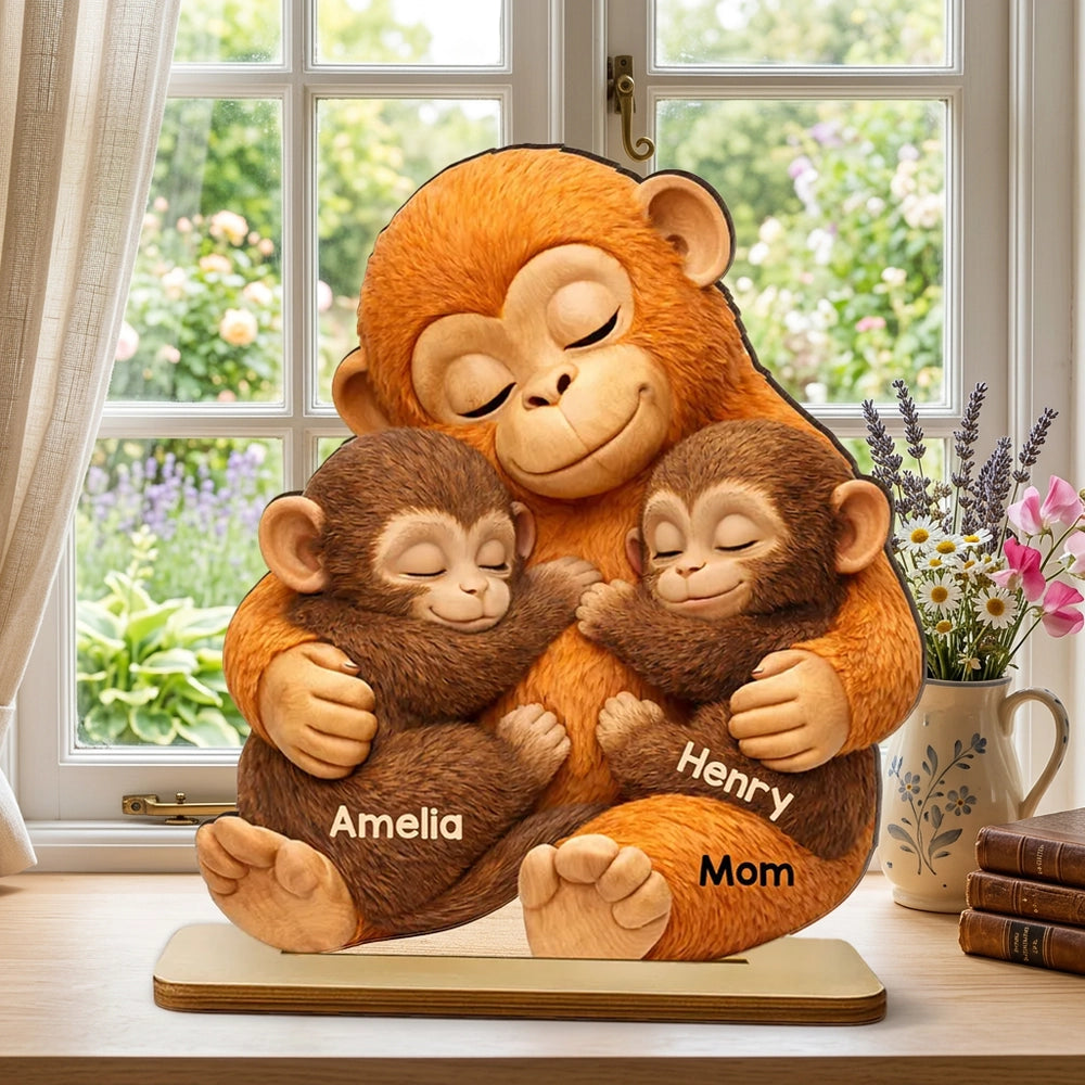 Personalized 2-Layer Wooden Plaque with Hugging Mom Monkey and Babies - Unique Mother's Day Gift for Mom