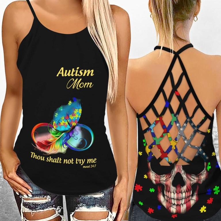 Autism Mom Thou Shalt Not Try Me - Autism Awareness Cross Tank Top 0921